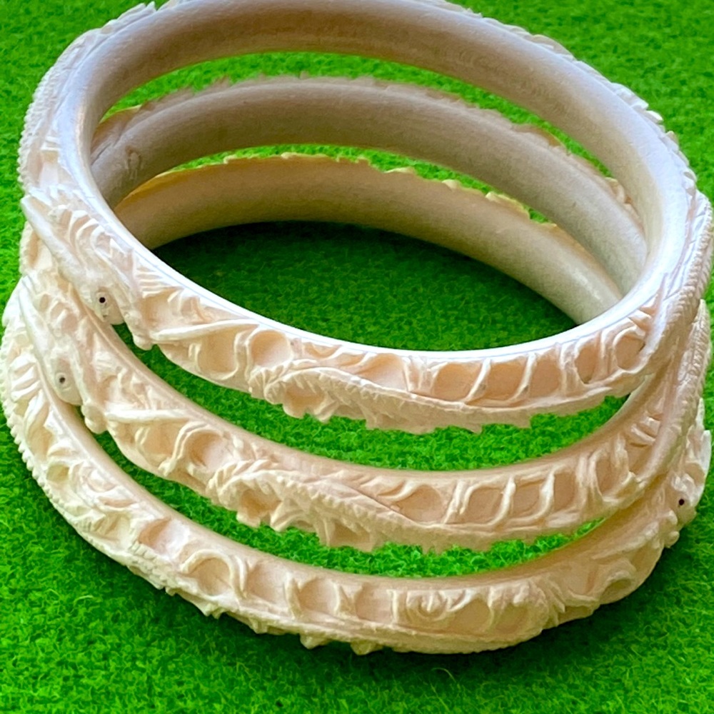3 vintage Antique hand carved bone bangle bracelet lot Asian Serpent Dragon